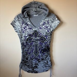Gray and Purple Short Sleeve Hooded Tee